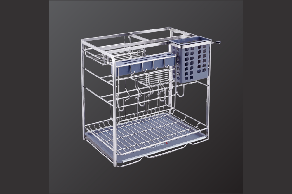 Giá dao thớt gia vị 350mm rổ, ray, khung Inox 304 nan dẹt GrandX XK.35S2