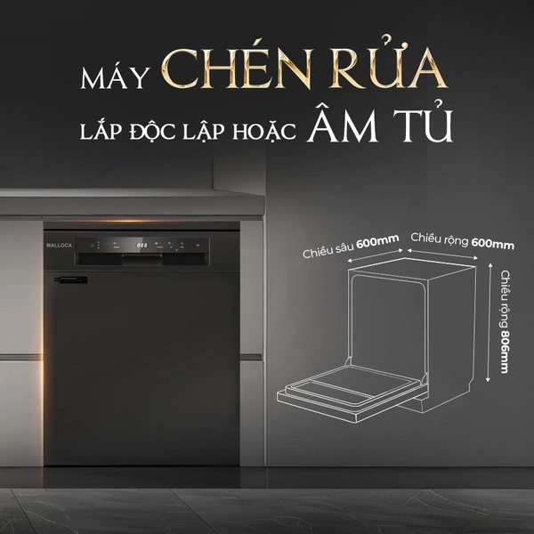 Máy rửa chén độc lập âm tủ 60cm 15 bộ chén dĩa sấy khí nóng tuần hoàn